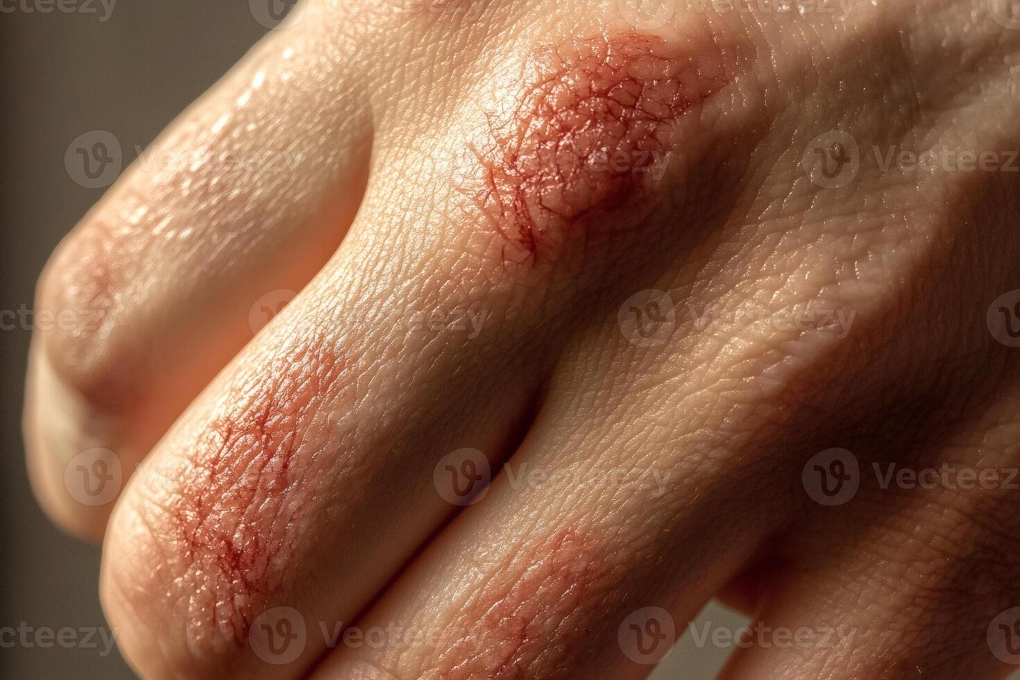 Close-up view of dry, cracked skin on a hand showing signs of irritation and redness after outdoor exposure photo
