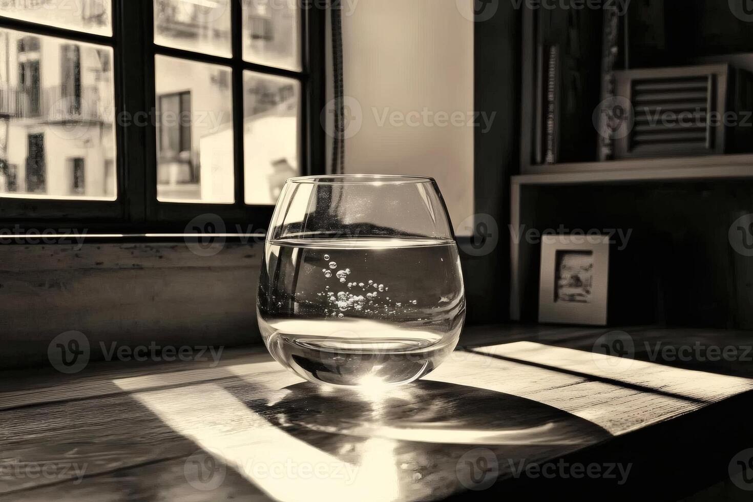 Glass of water on wooden table near window with sun rays creating reflections in a cozy indoor space photo