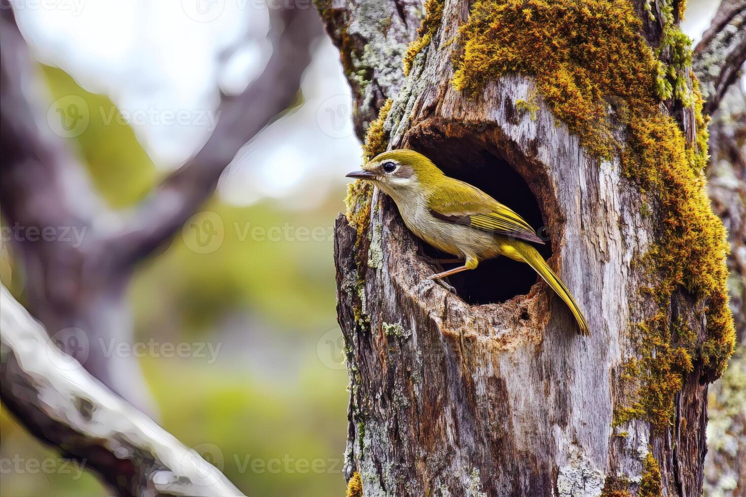 Small yellow bird peeks out from a tree hollow in a lush forest during daytime photo