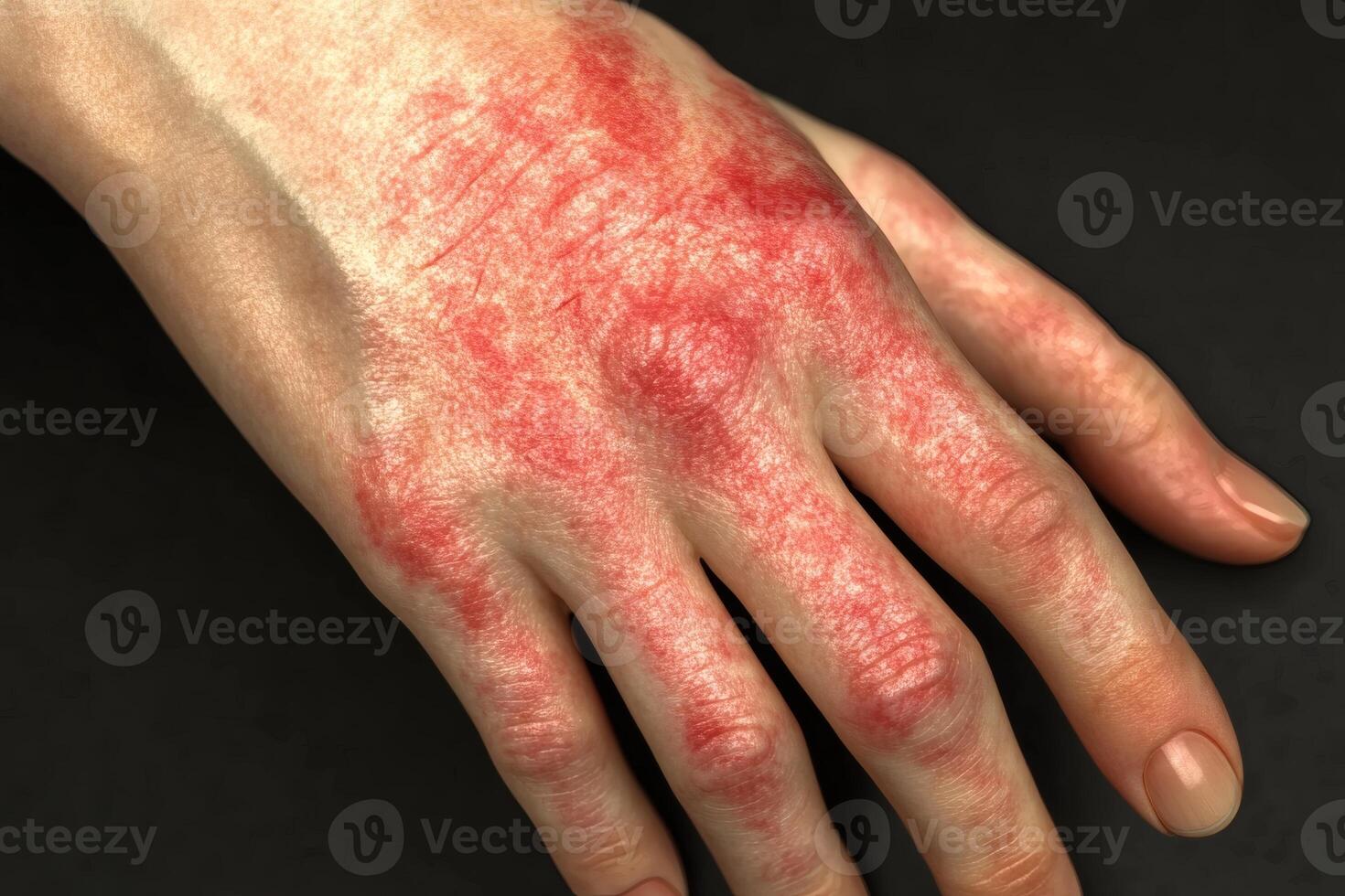 Close-up of a hand with red, irritated skin and visible markings likely from skin condition or irritation in a dark setting photo