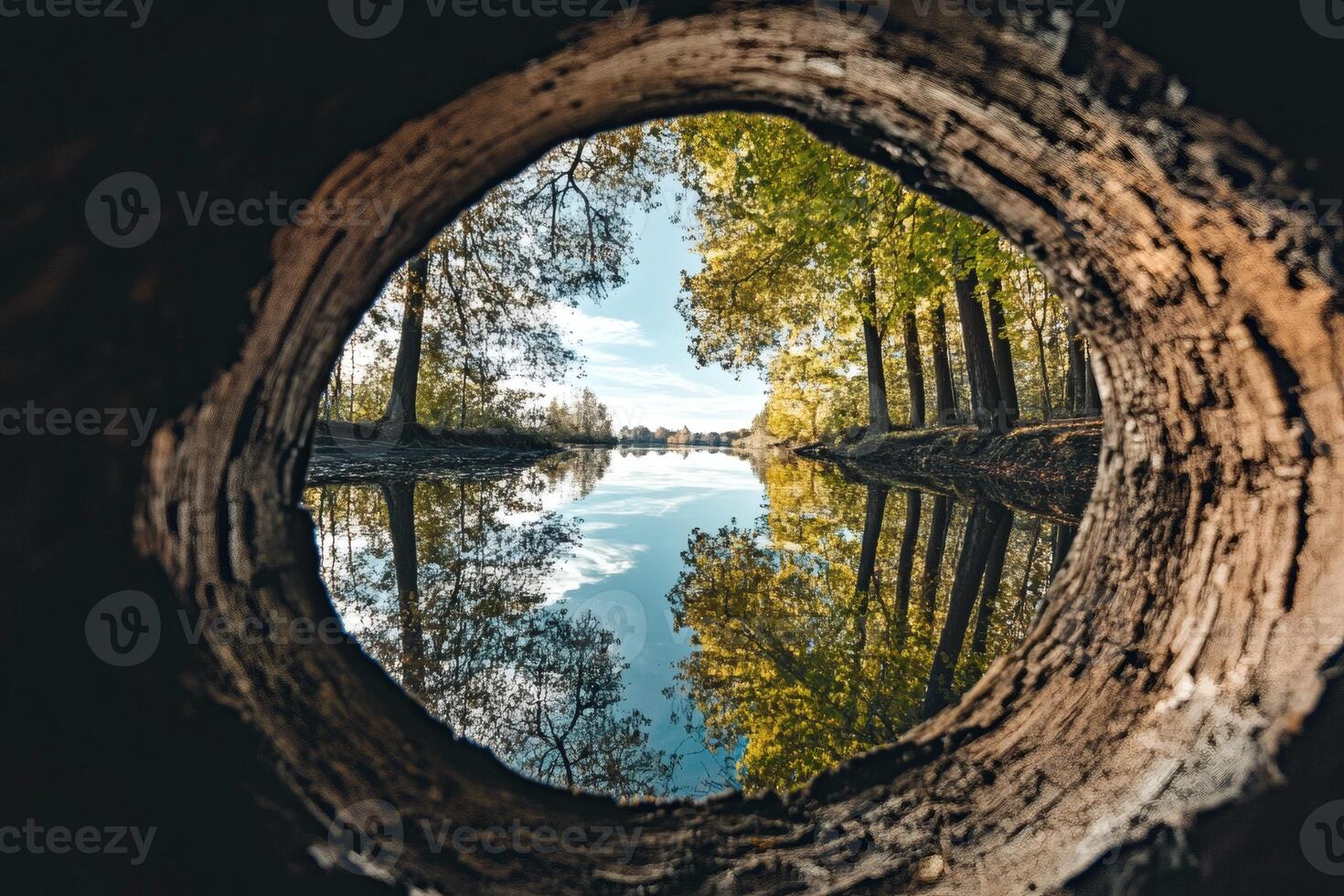 Tranquil view through a tree trunk showcasing a serene lake surrounded by trees on a clear day photo