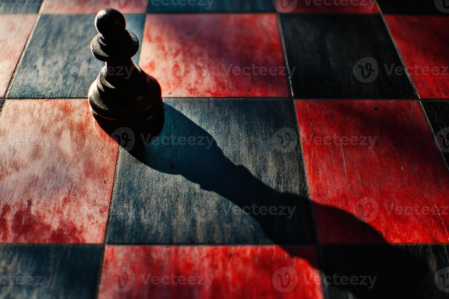 Shadow of a chess pawn on a red and black checkerboard in soft morning light photo