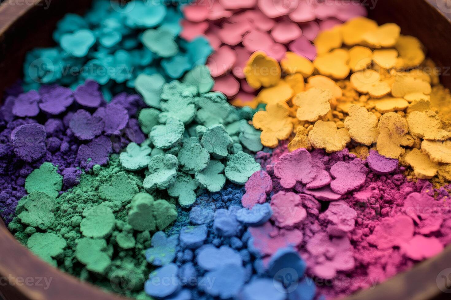 Colorful powdered pigments arranged in a circular bowl at an artisan market during daytime photo