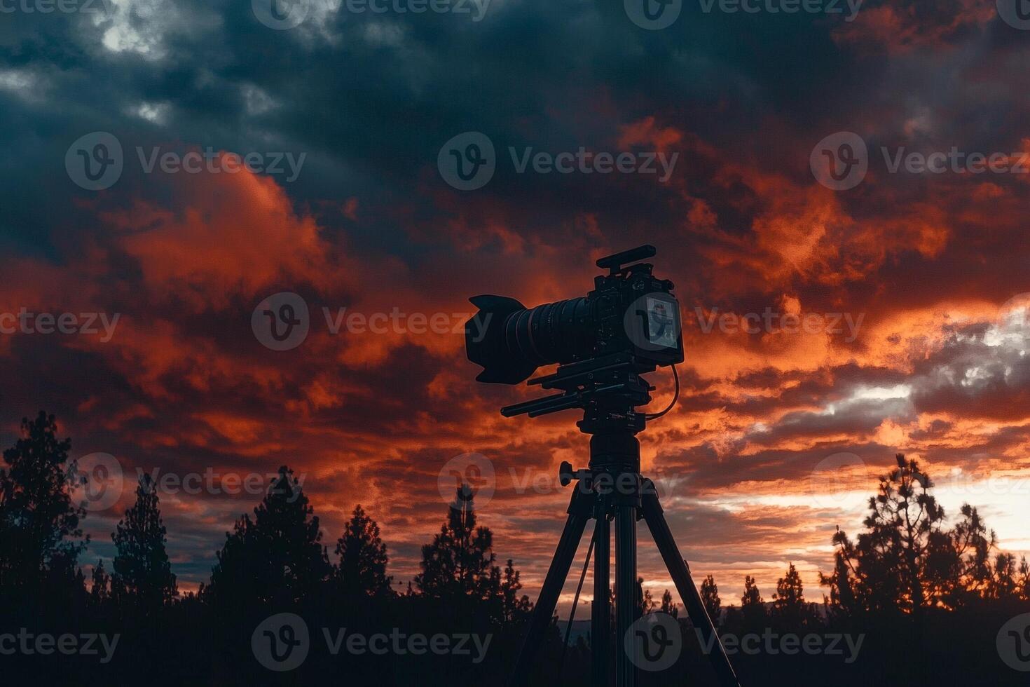 Capture of a stunning sunset with dramatic clouds and a camera on a tripod in a serene outdoor location photo
