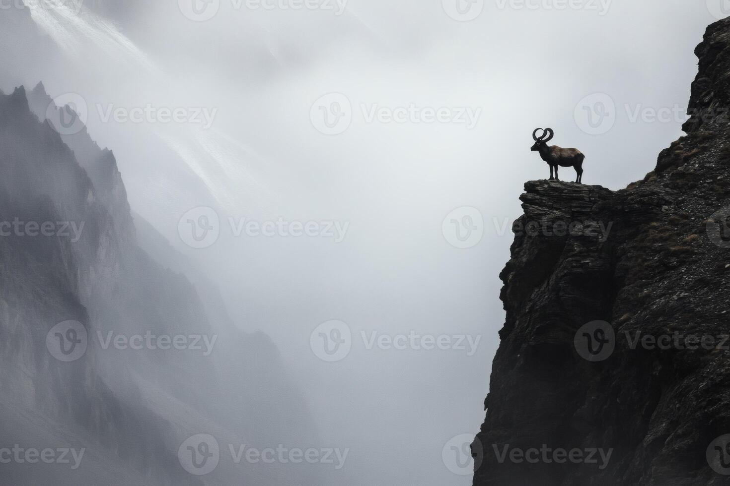 Majestic ram standing on a misty cliff edge photo