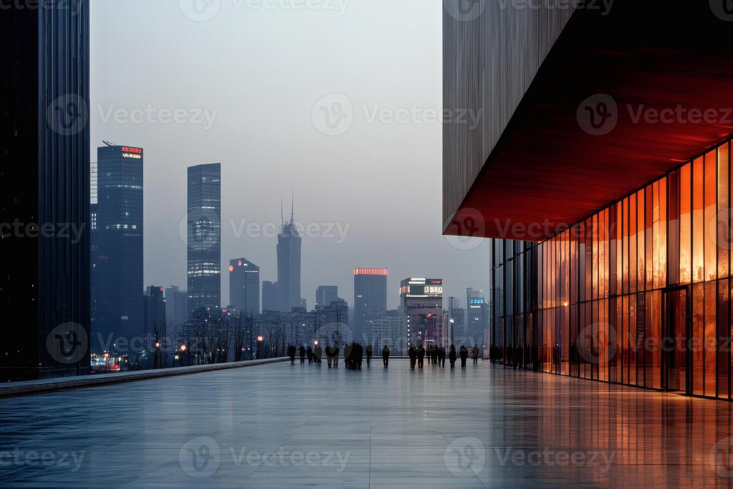 Urban twilight casts shadows on modern skyline photo