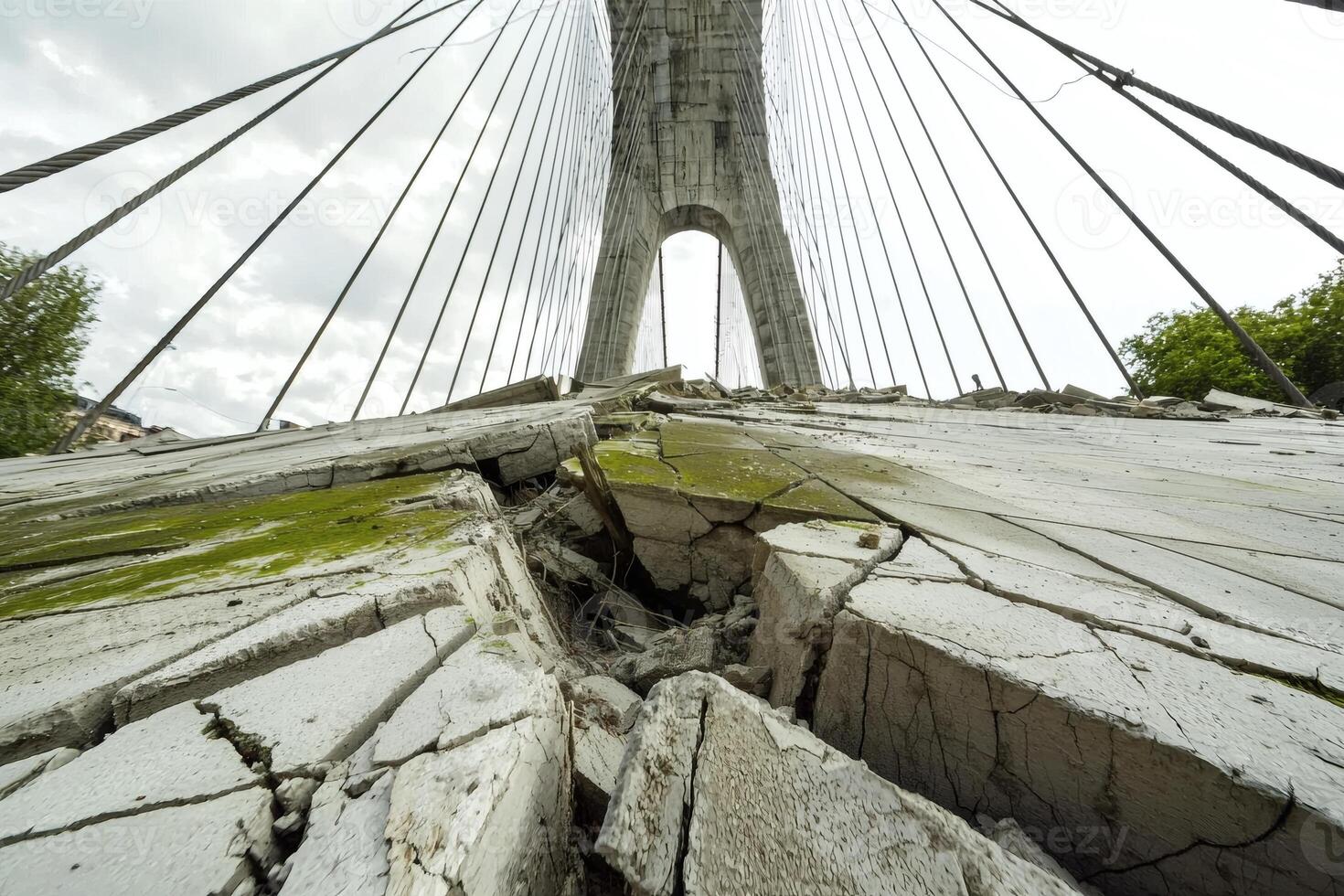 Cracked concrete reflects collapse. AI insights photo