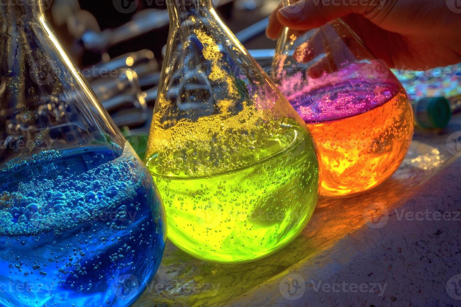Shimmering liquids in vibrant beakers. AI magic photo