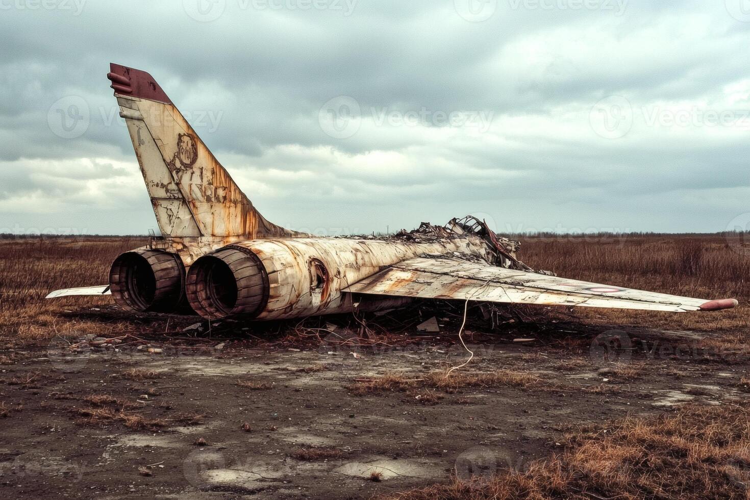 Vintage aircraft remnants in a field. AI art photo