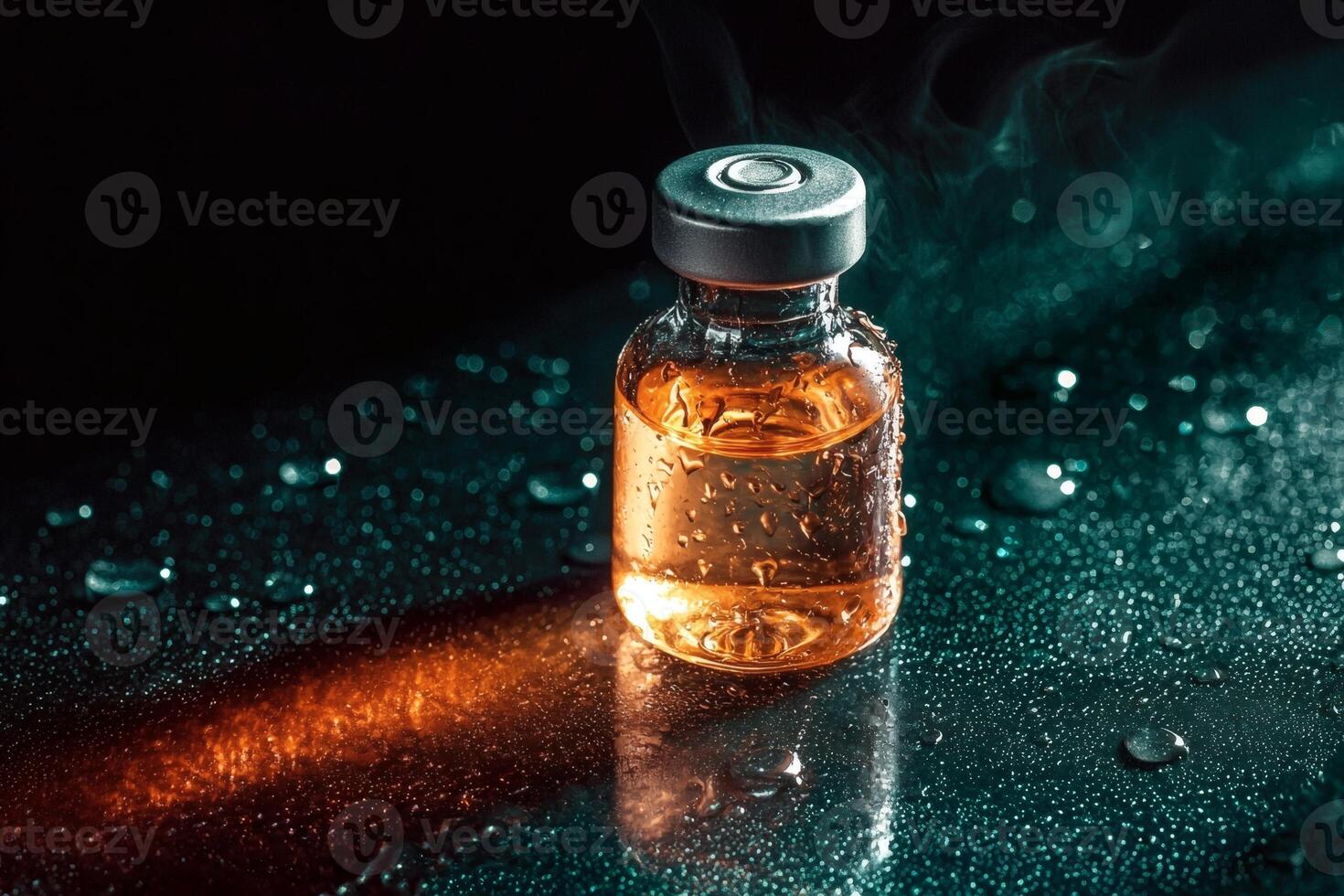 Glowing vial with droplets on cool surface. photo