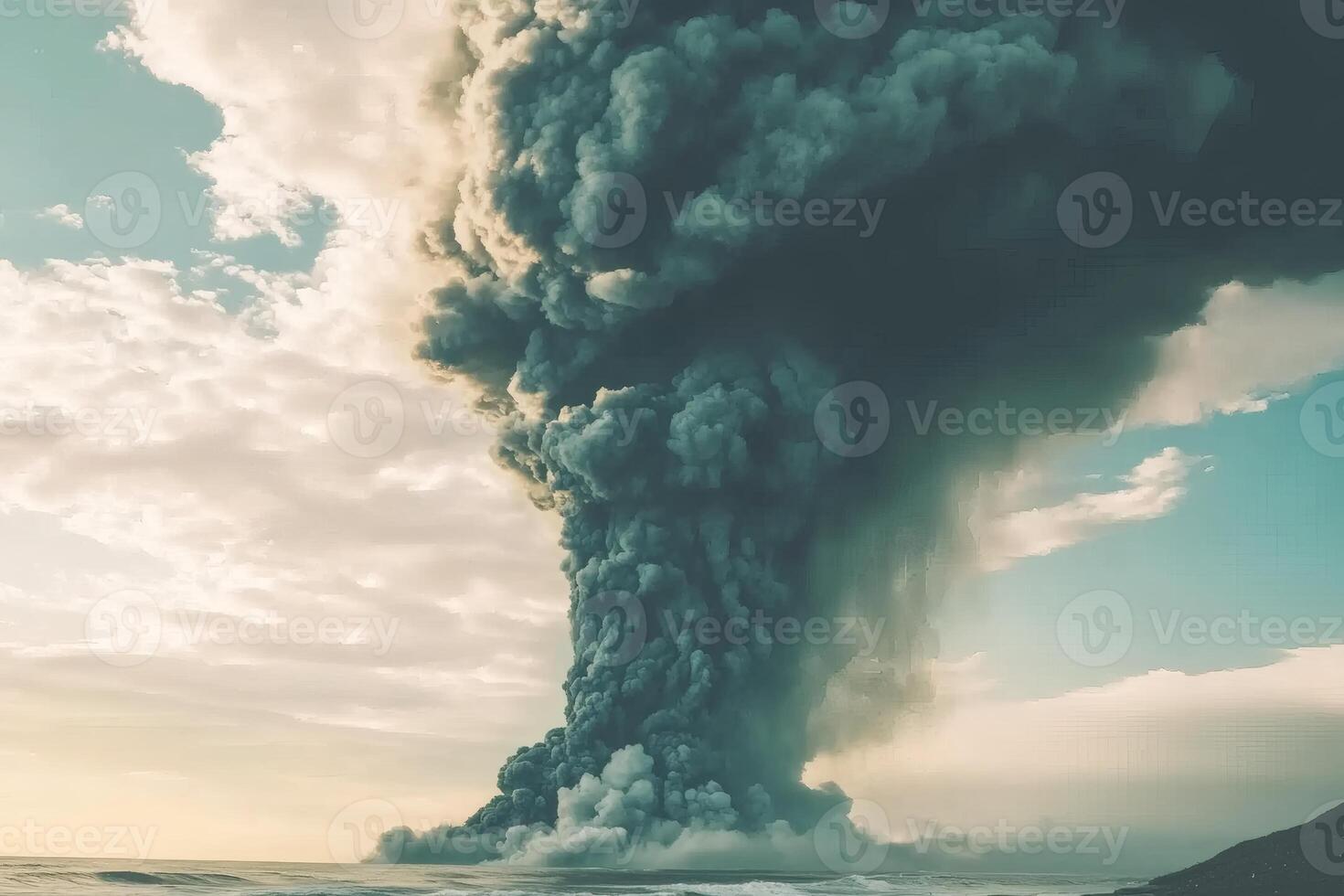Volcanic eruption rises over ocean waves. photo