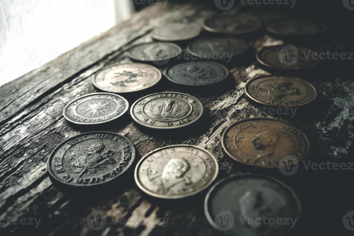 Collecting vintage coins on aged wooden table. photo