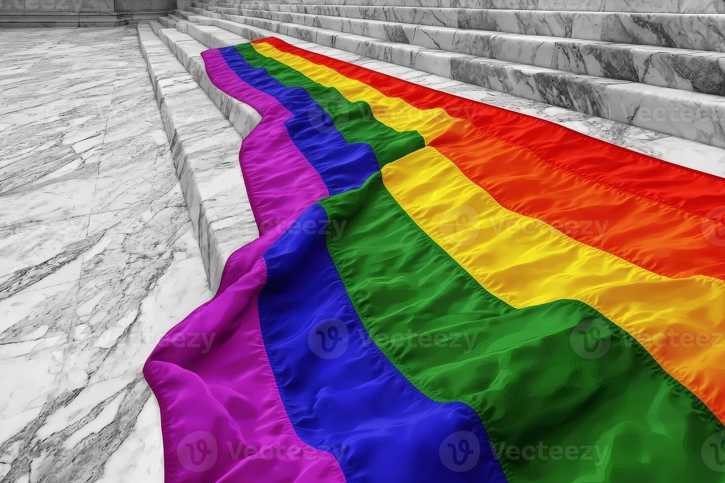 Vibrant rainbow flag drapes over marble steps. photo