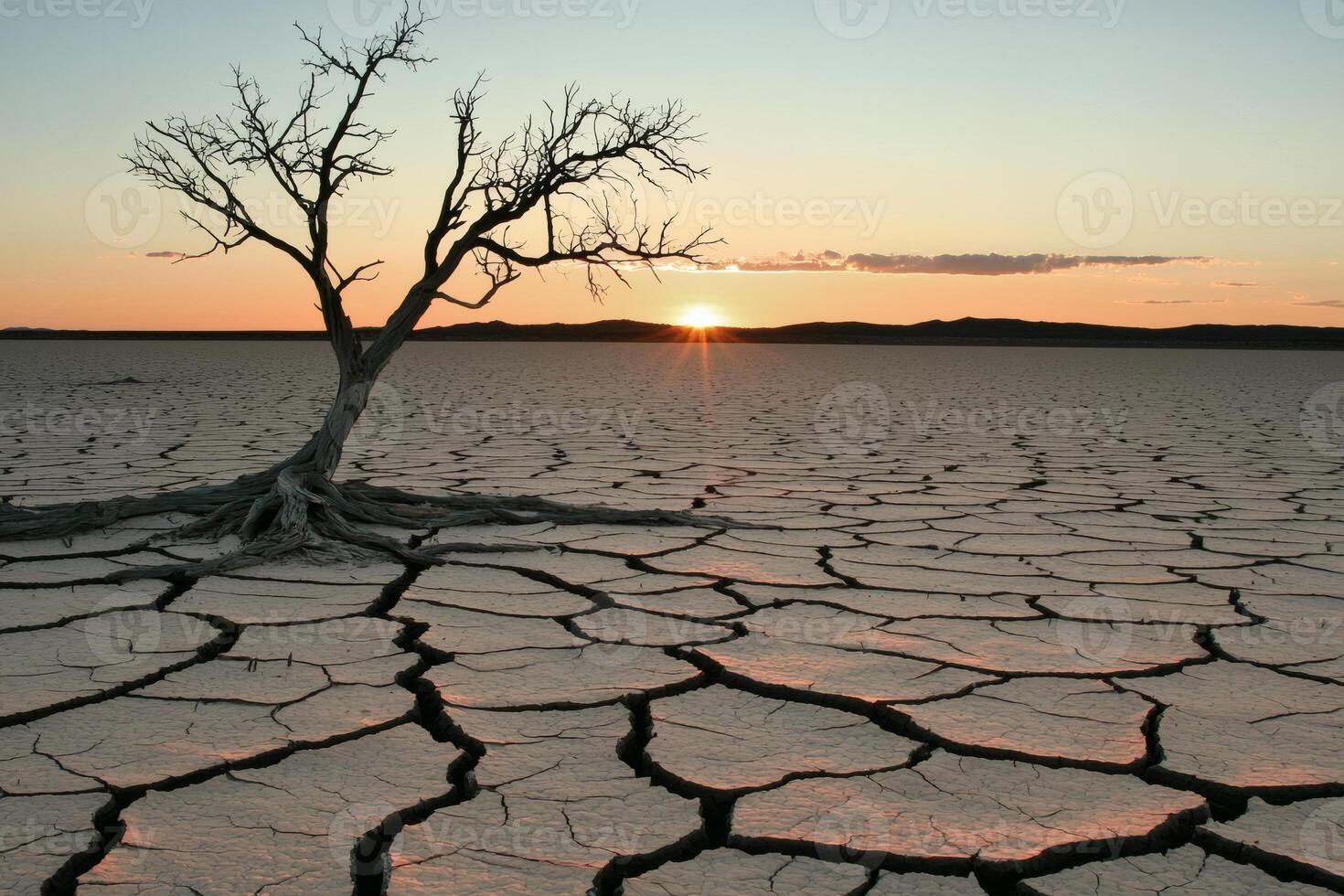 Dry landscape under a stunning sunset glow. photo