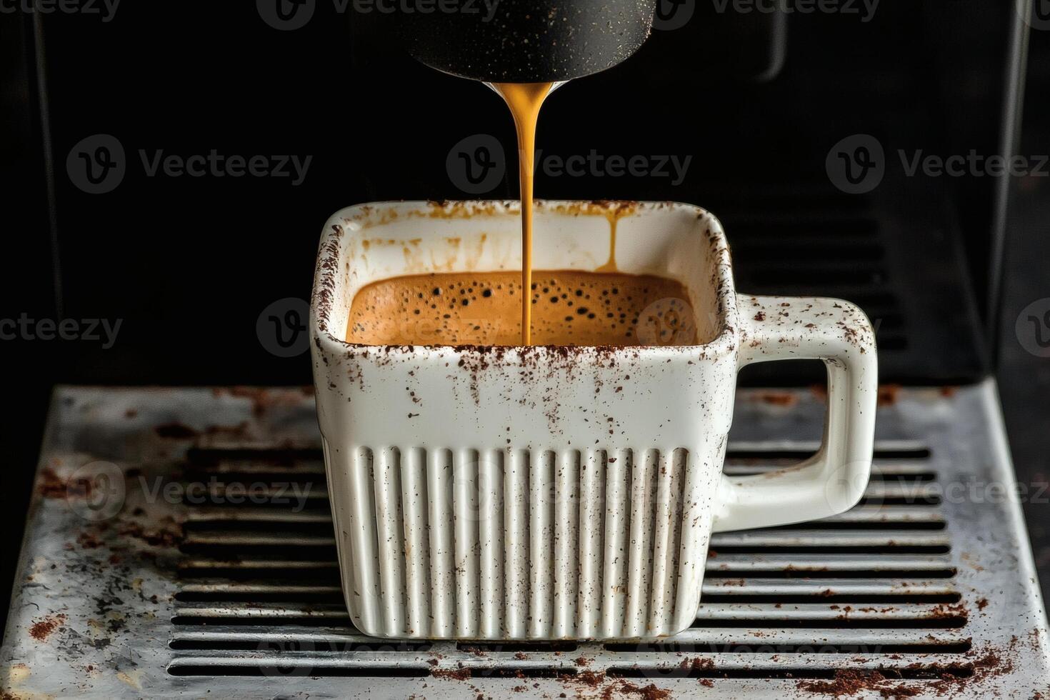 Espresso brewing in a rustic coffee cup. photo