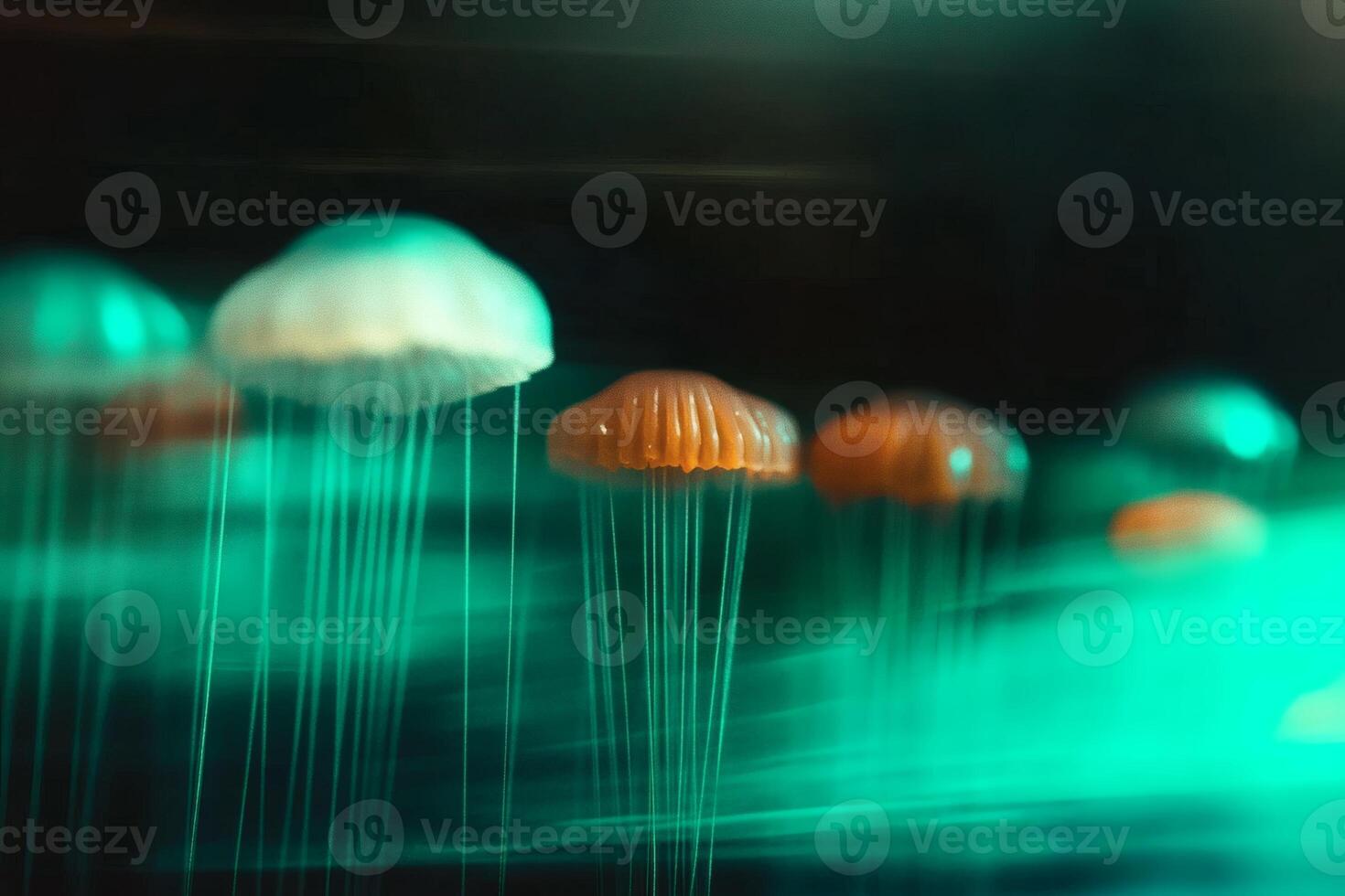 Ethereal jellyfish gliding through luminescent waters. photo