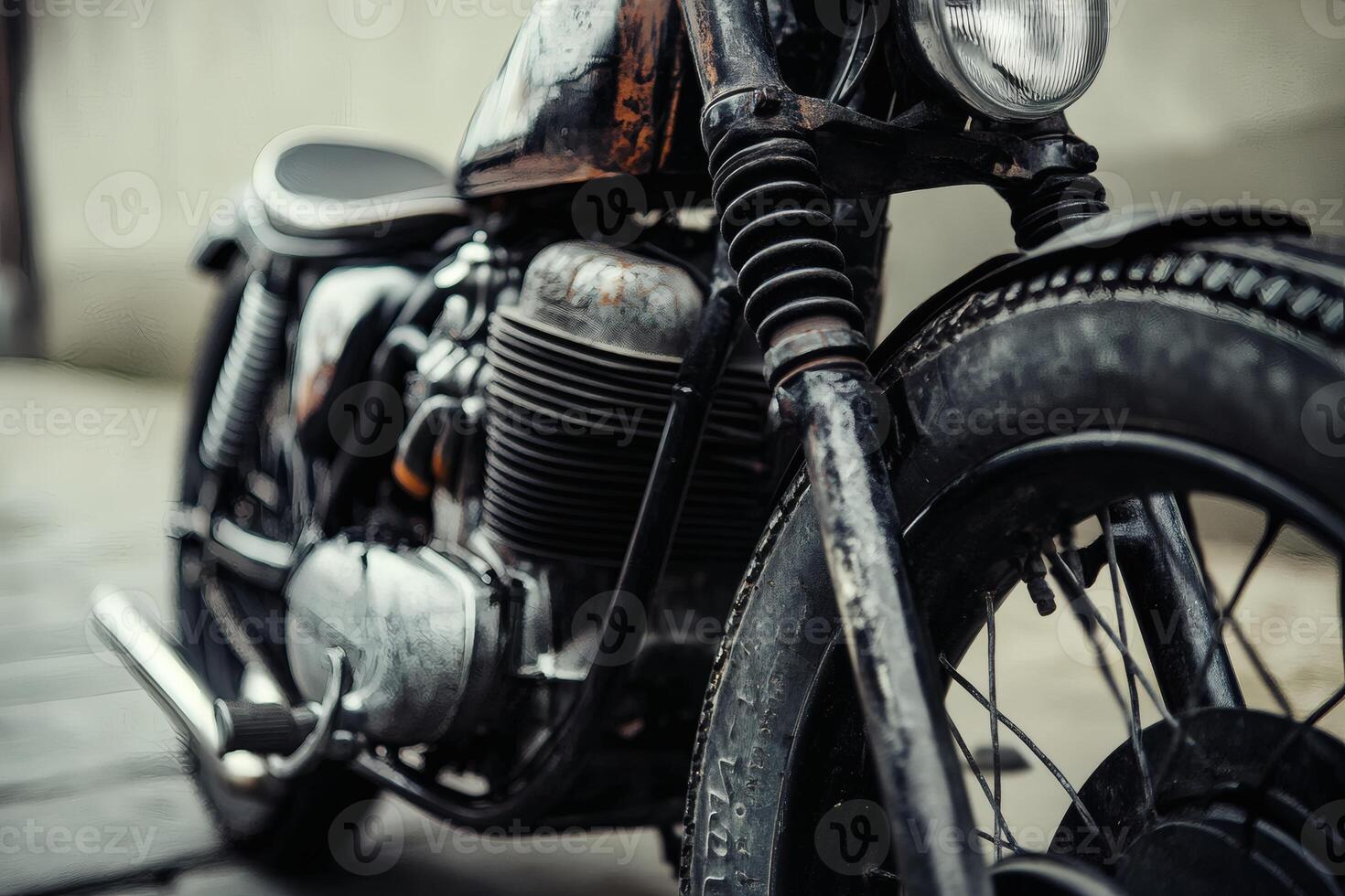 Vintage motorcycle gleams under soft morning light. photo