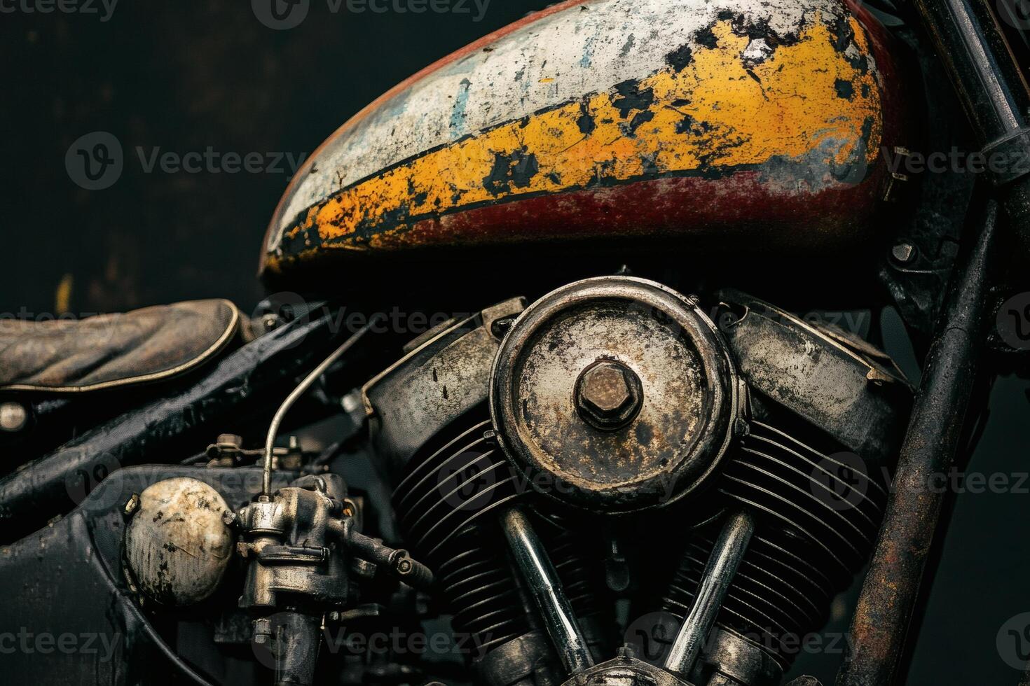 Rusty motorcycle highlights vintage craftsmanship and allure. photo