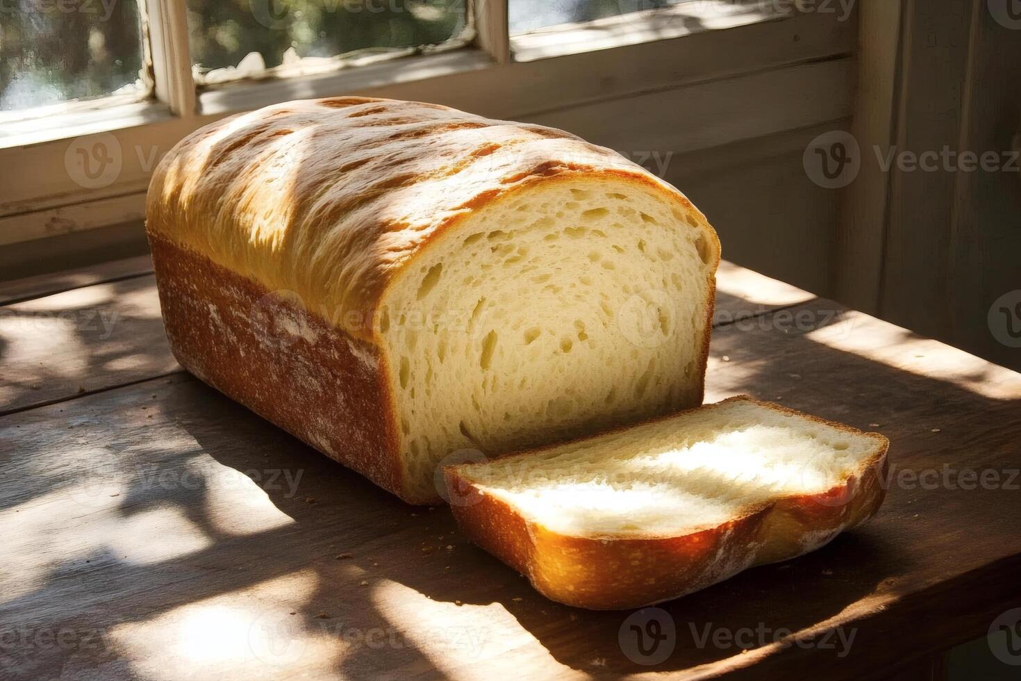Freshly baked bread loaf resting on a wooden table. photo