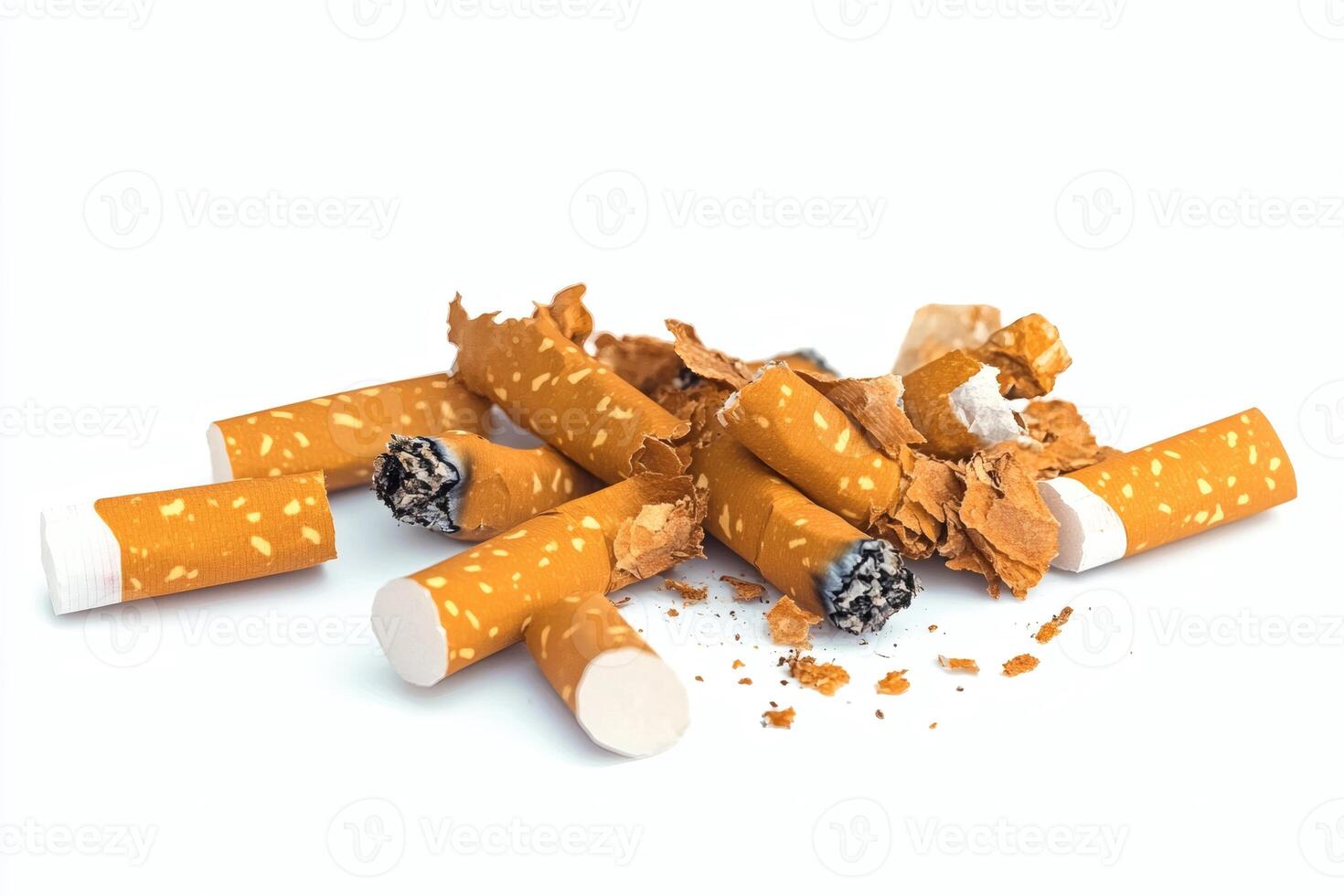 Crumpled cigarettes scattered on a white surface. photo