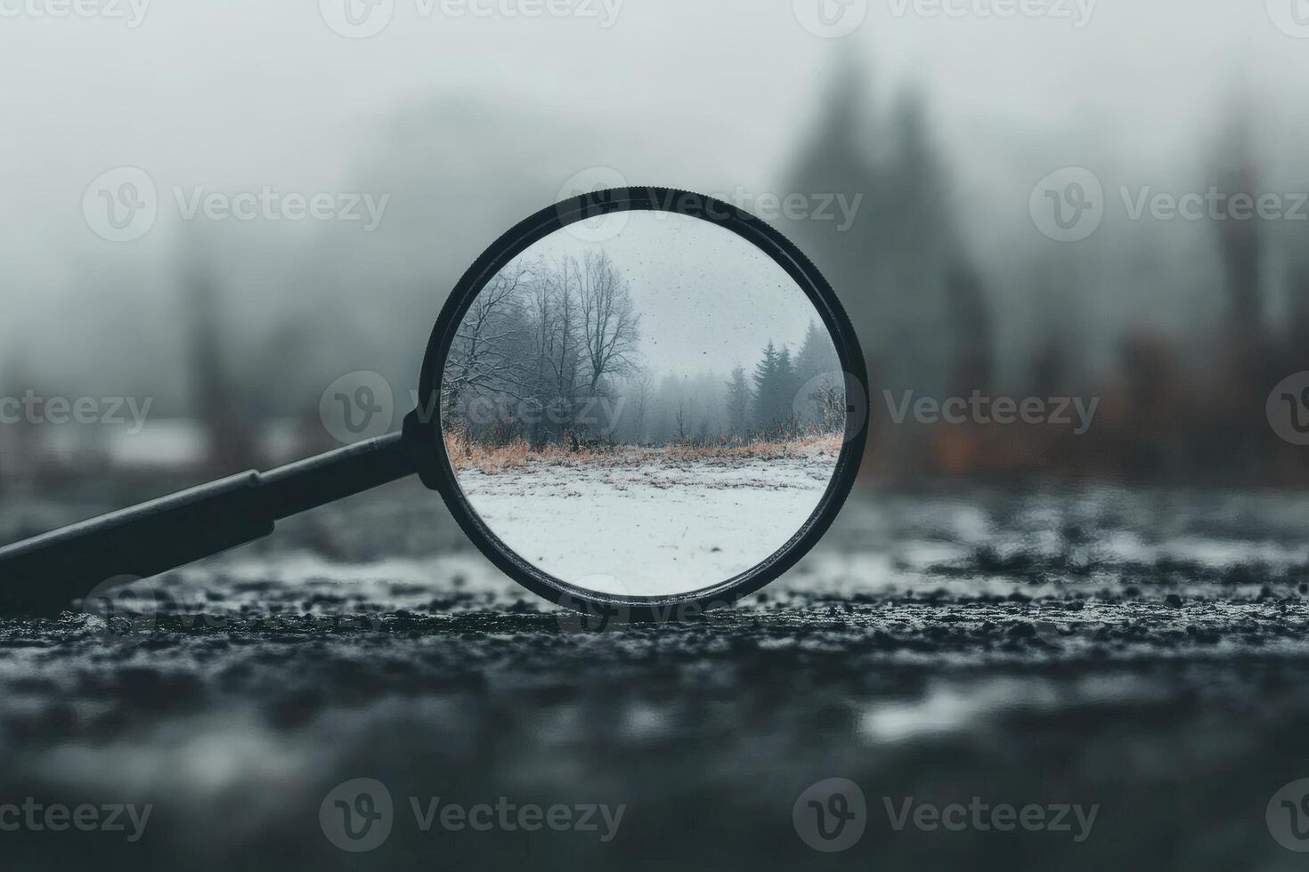 Exploring winter through a magnifying glass in the forest. photo
