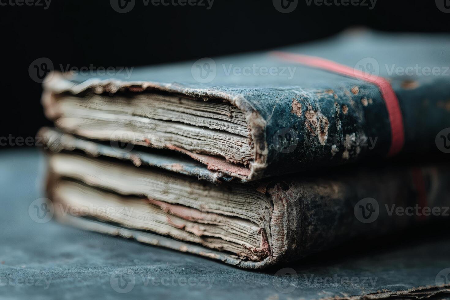 Old leather-bound journals resting on a dark table. photo