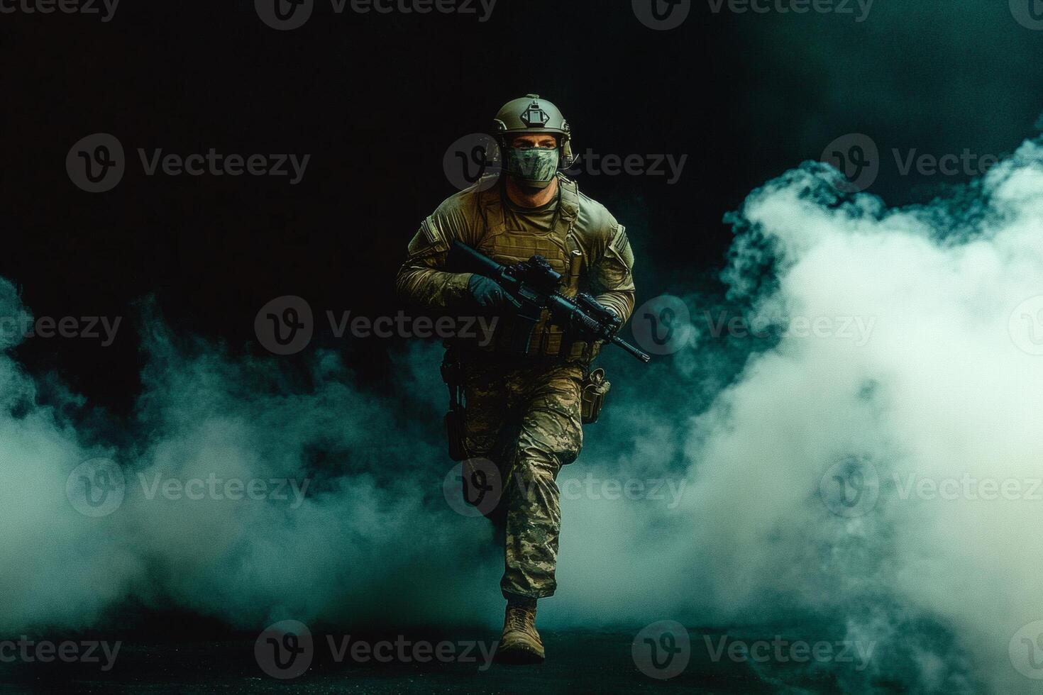Soldier moving through fog in an intense atmosphere. photo