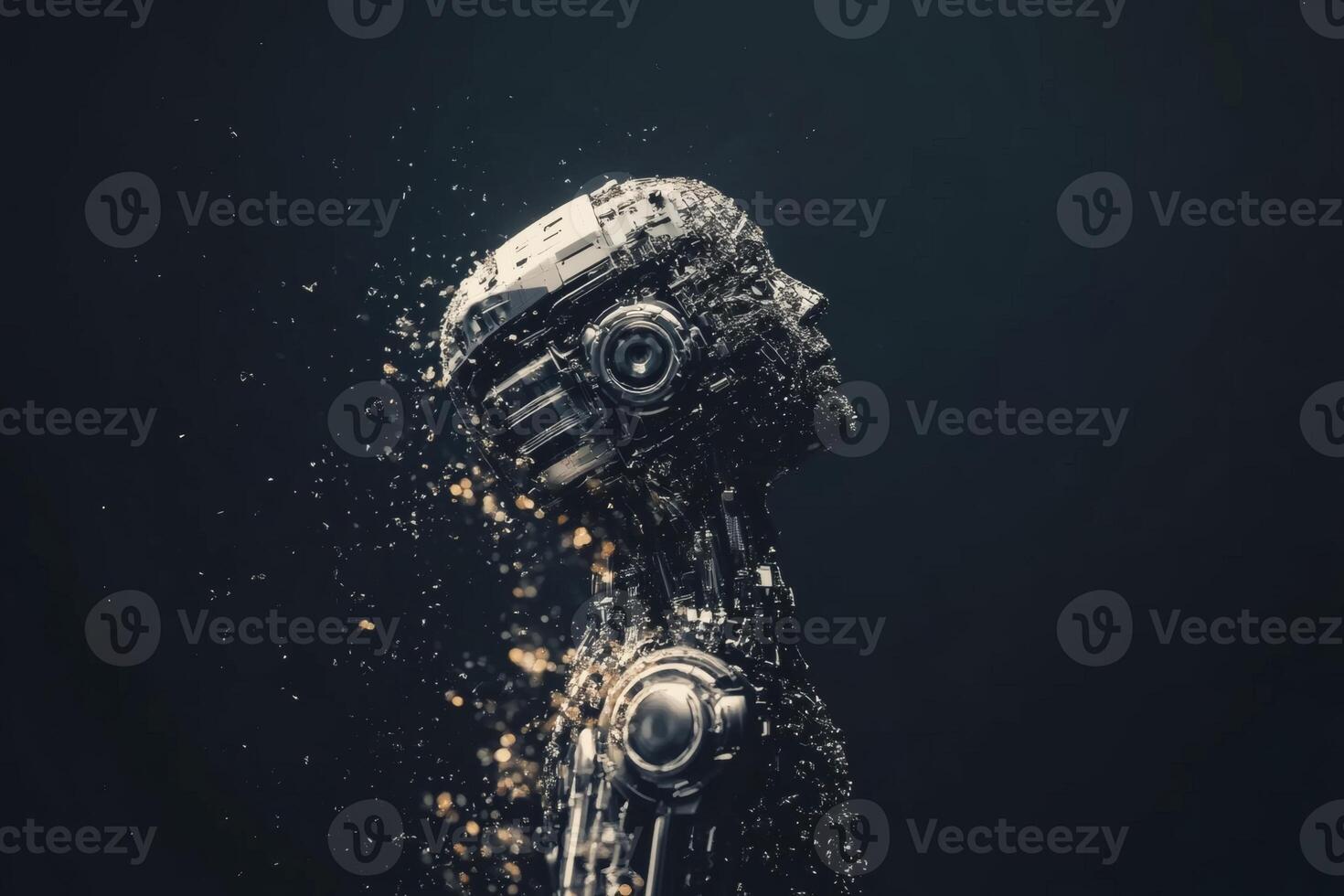 Robot figure dissolving into particles in dark space. photo