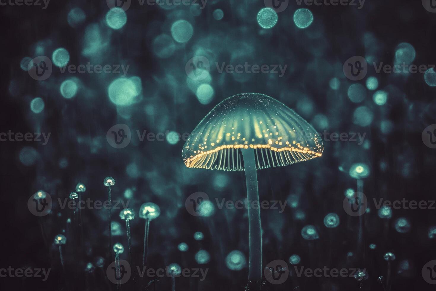 Ethereal glow of mushrooms in a serene twilight forest. photo