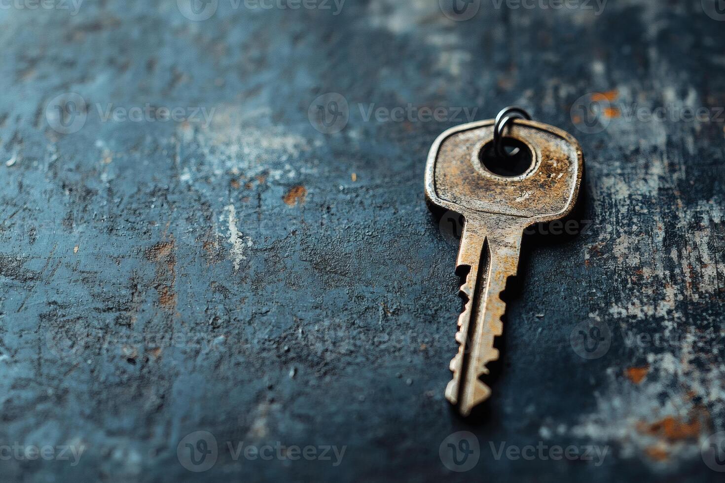 Old key resting on a rustic surface in soft light. photo