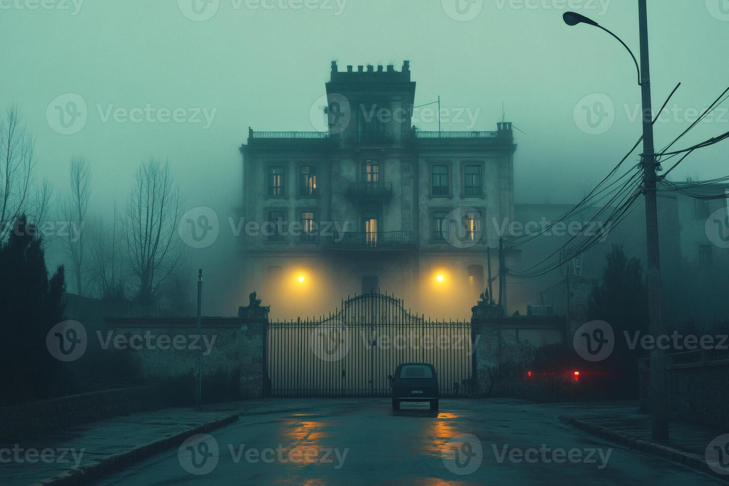 Eerie mansion shrouded in fog during twilight hours. photo
