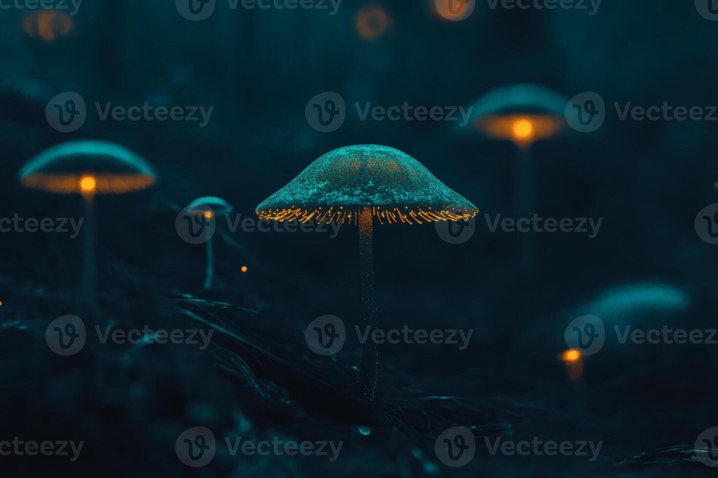 Enchanted forest illuminated by glowing mushrooms. photo