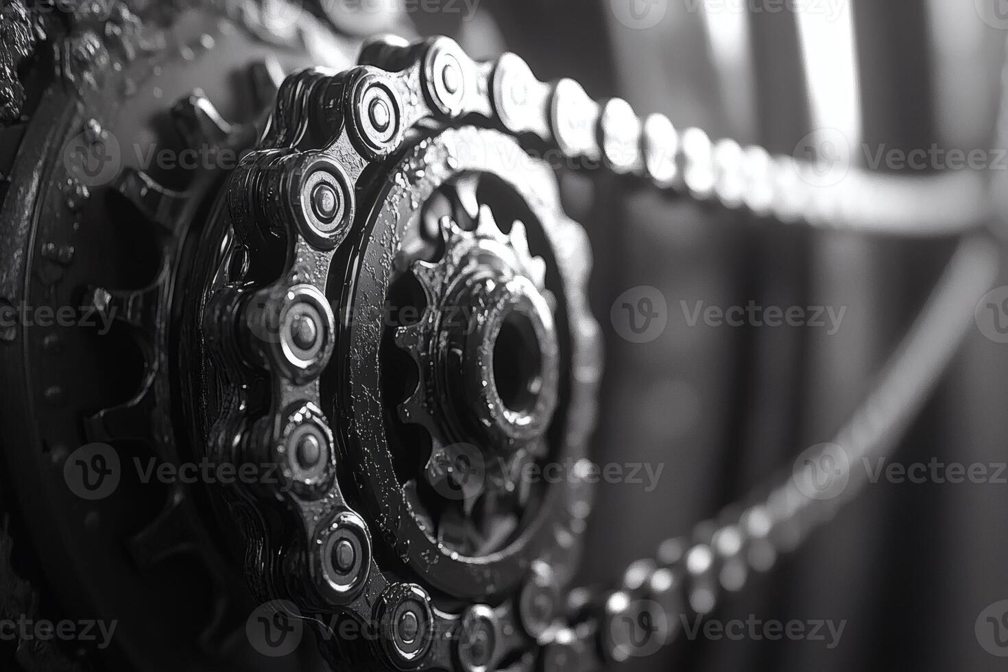Close-up views of a bike chain in industrial setting. photo