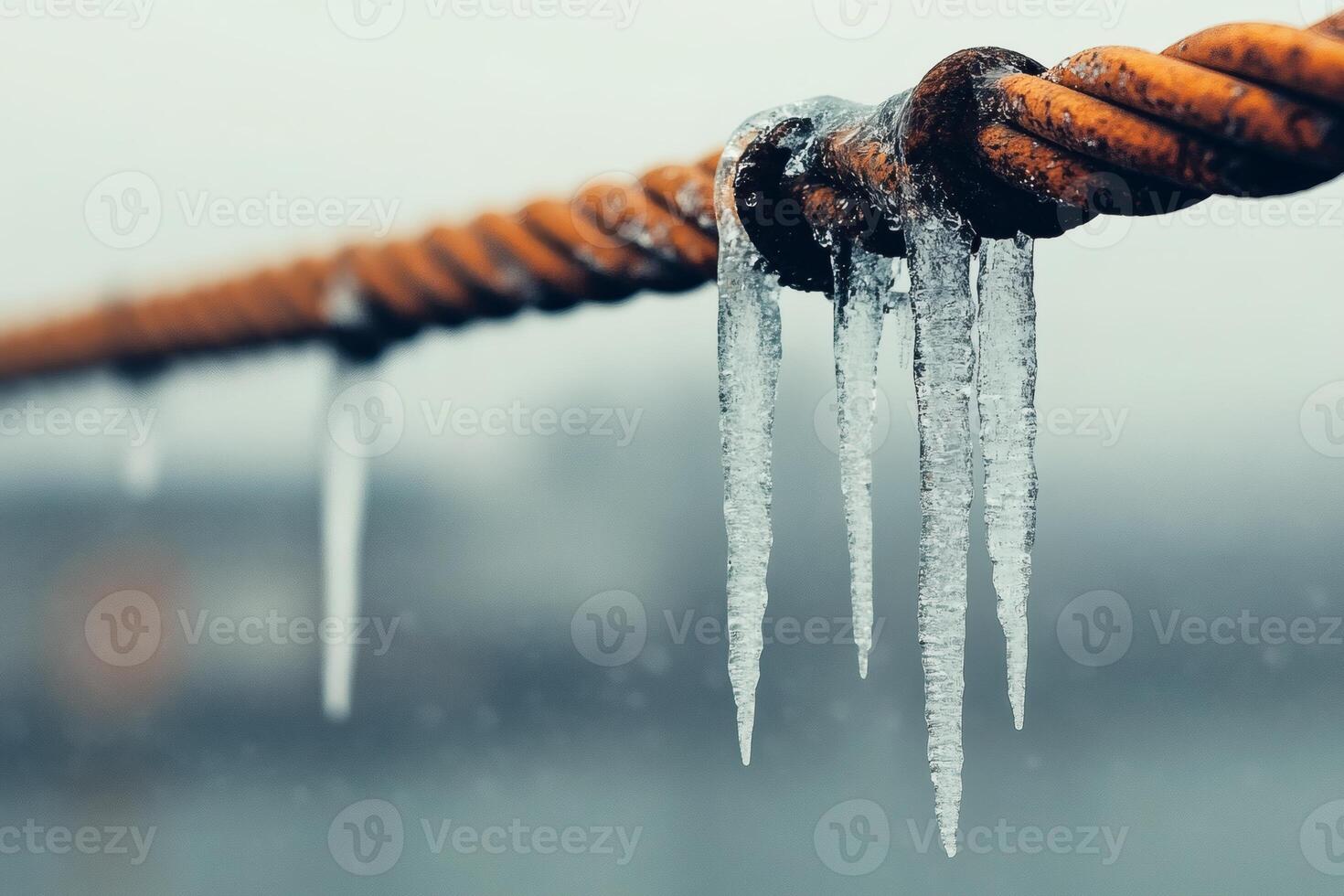 Beautiful ice formations on a weathered metal cable. photo