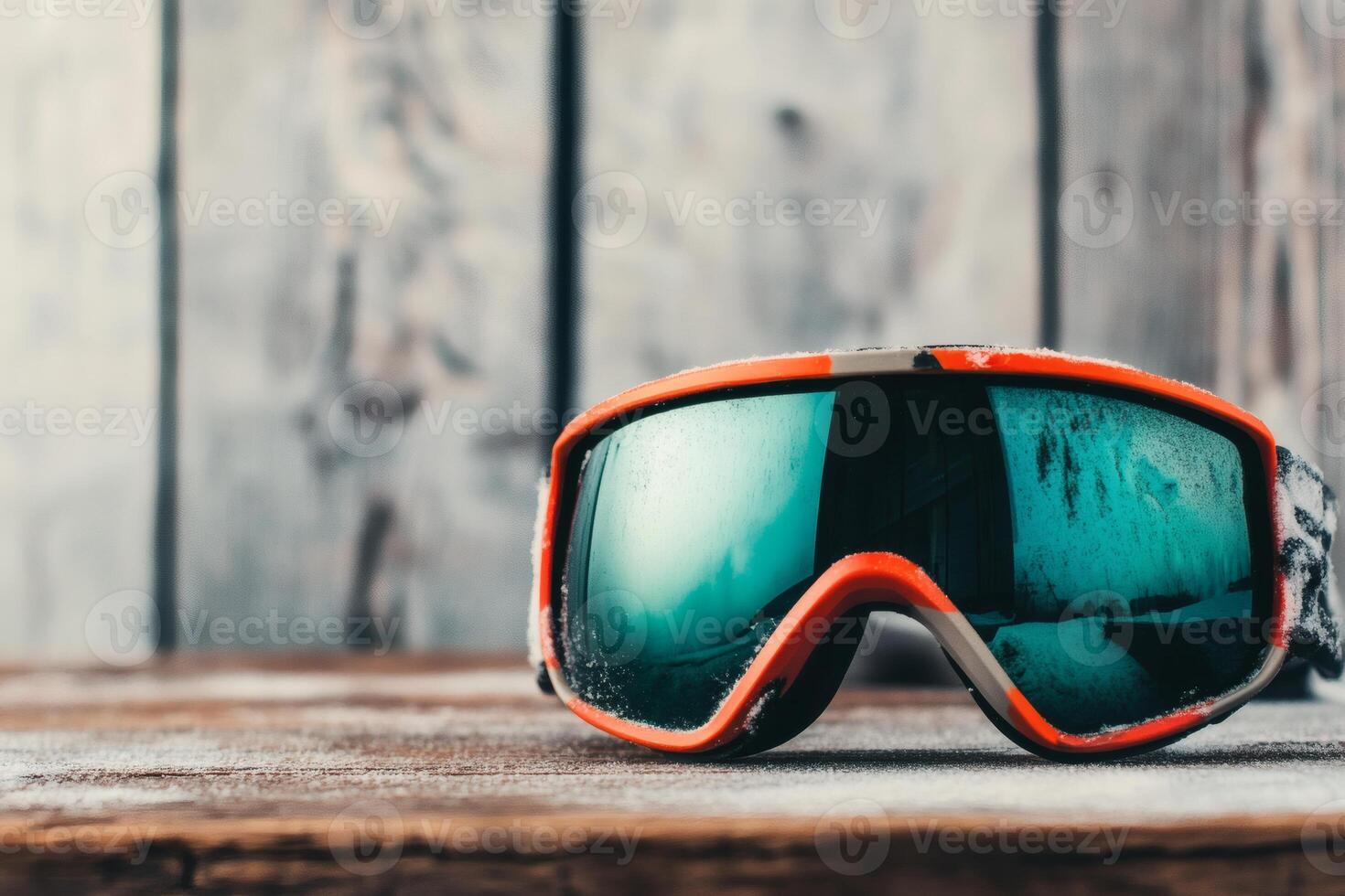 Stylish ski goggles resting on a rustic wooden surface. photo