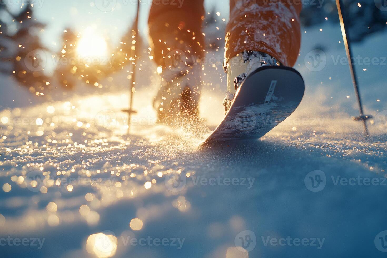 Gliding through fresh snow at golden hour. photo