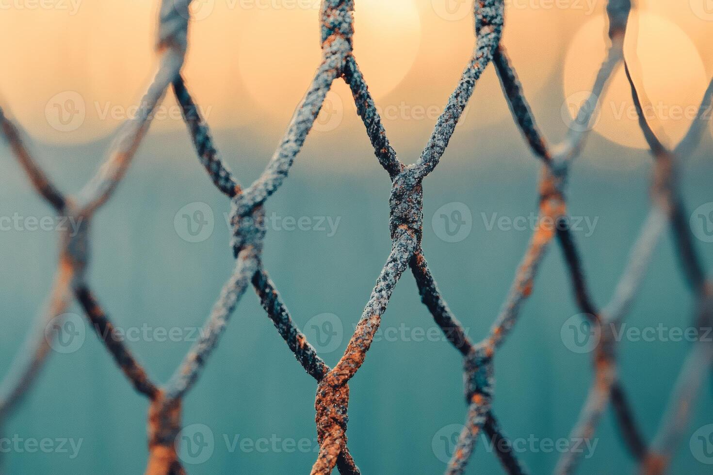 Rusty chain-link fence glows under golden sunset light. photo