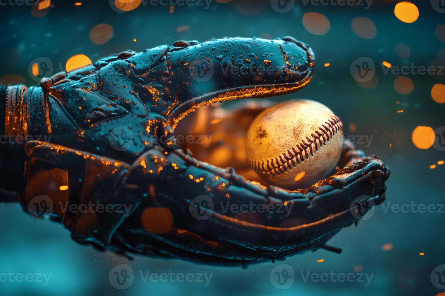 Hand catching a baseball under a mesmerizing glow. photo