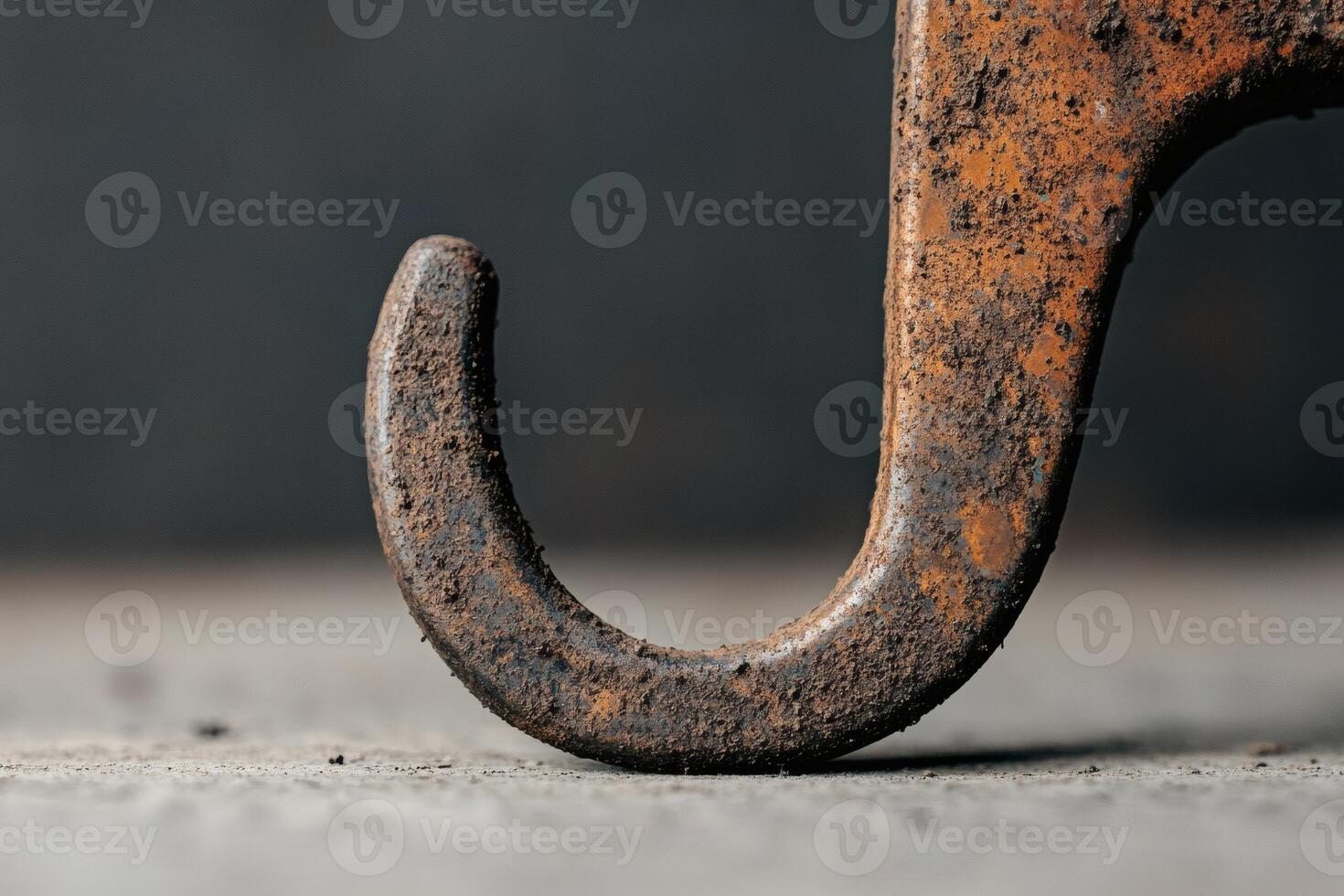 Rusty hook rests on a gritty surface under soft light. photo
