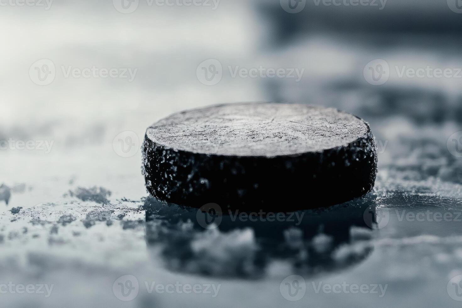 Frozen puck resting on a glistening ice surface. photo