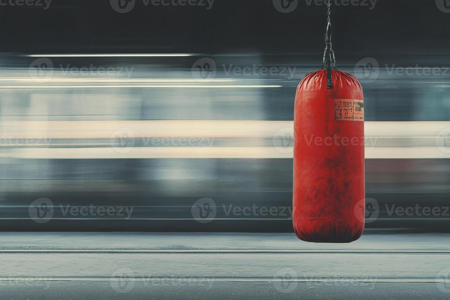 Red punching bag swaying in an urban environment. photo