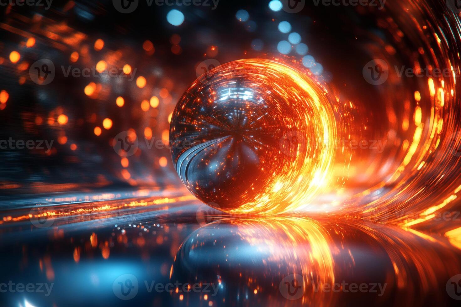 Bright sphere glimmers in a futuristic glow of light. photo