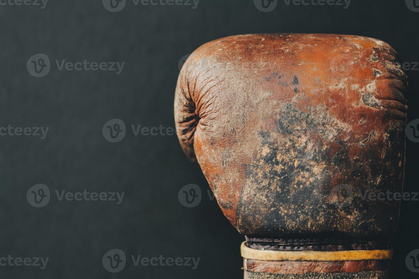 Vintage boxing glove rests on a wooden stool. photo