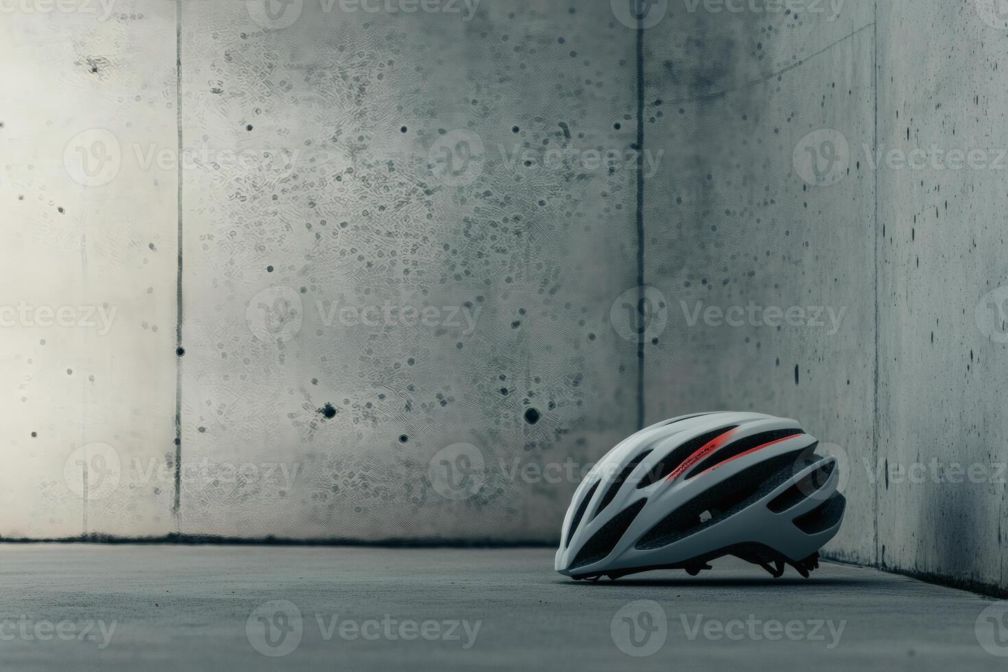 Helmet resting against a concrete wall in a modern space. photo