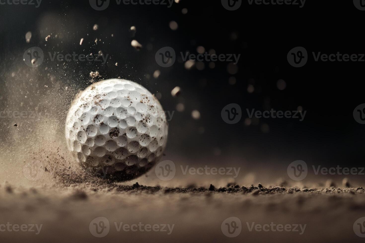 Golf ball soaring through sand in a dimly lit environment. photo