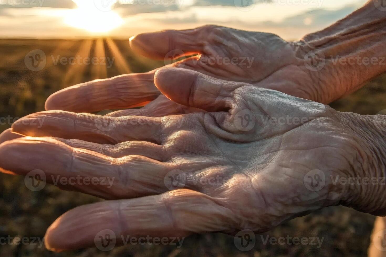 Hands reaching for the golden light at sunset. photo