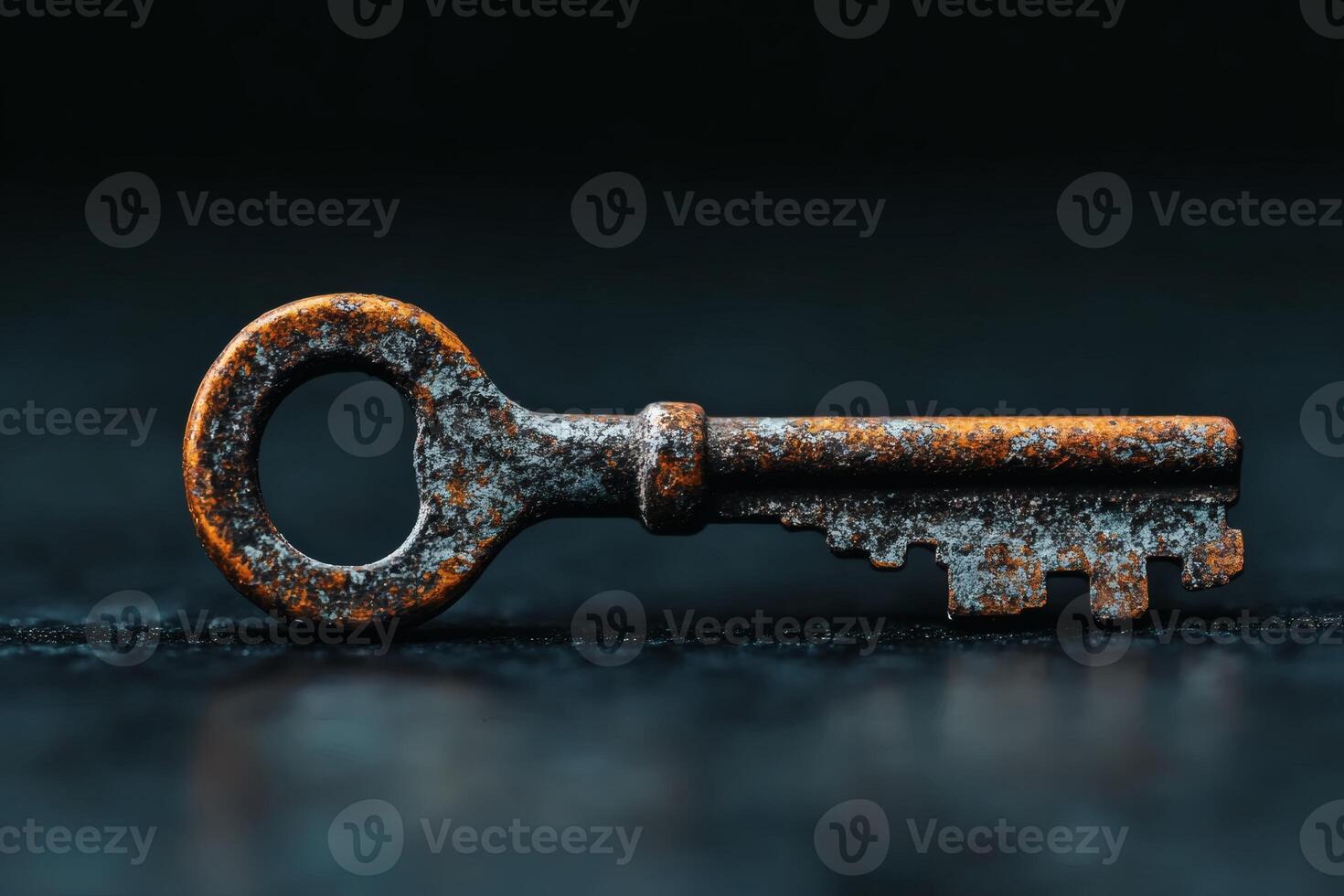 Vintage rusted key rests on a dark surface. photo