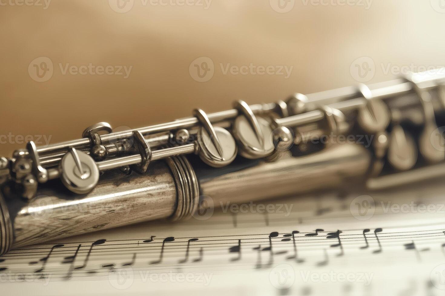 Captivating melodies flow from a silver flute on sheet music. photo