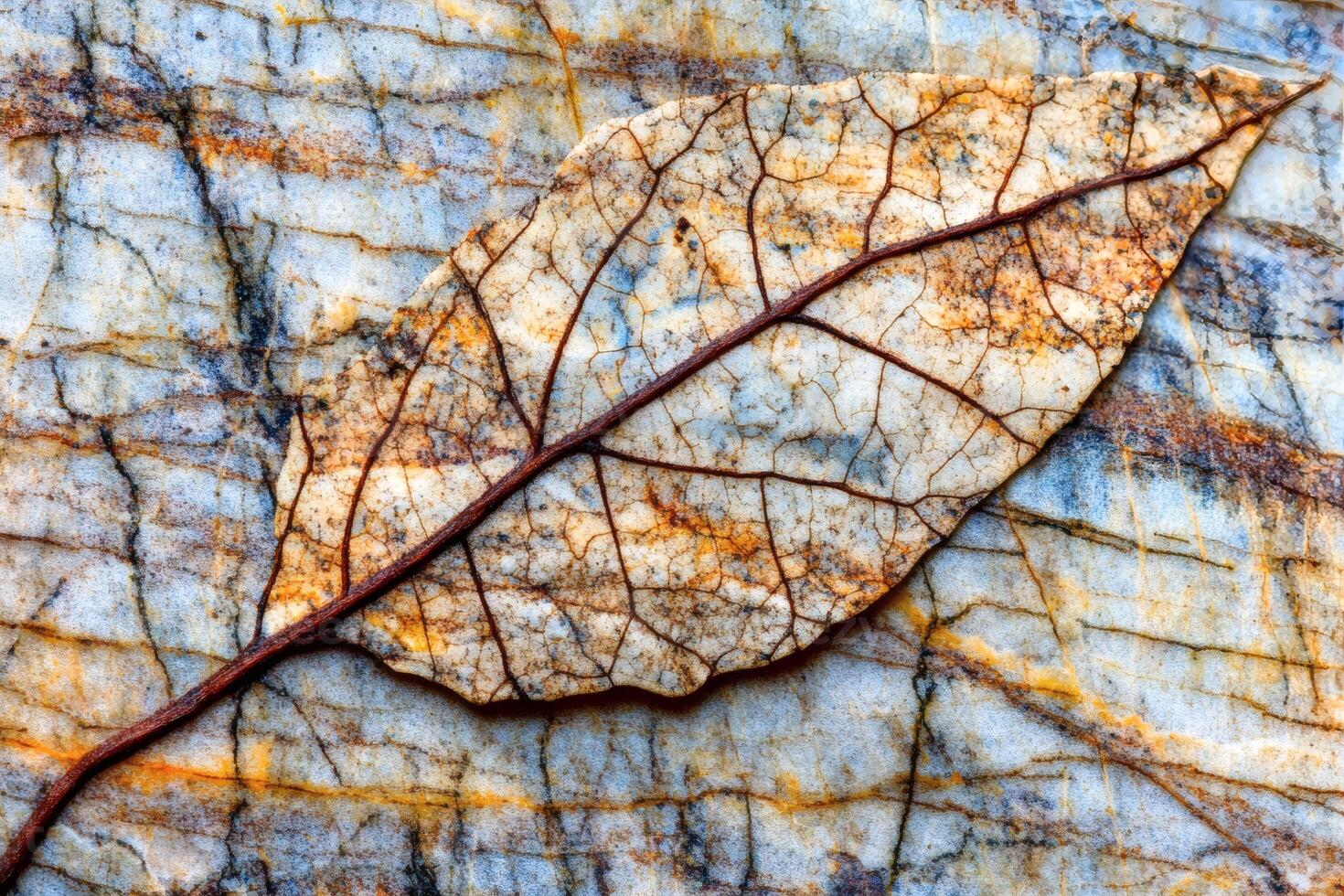 Beauty of a leaf resting on textured stone surface. photo