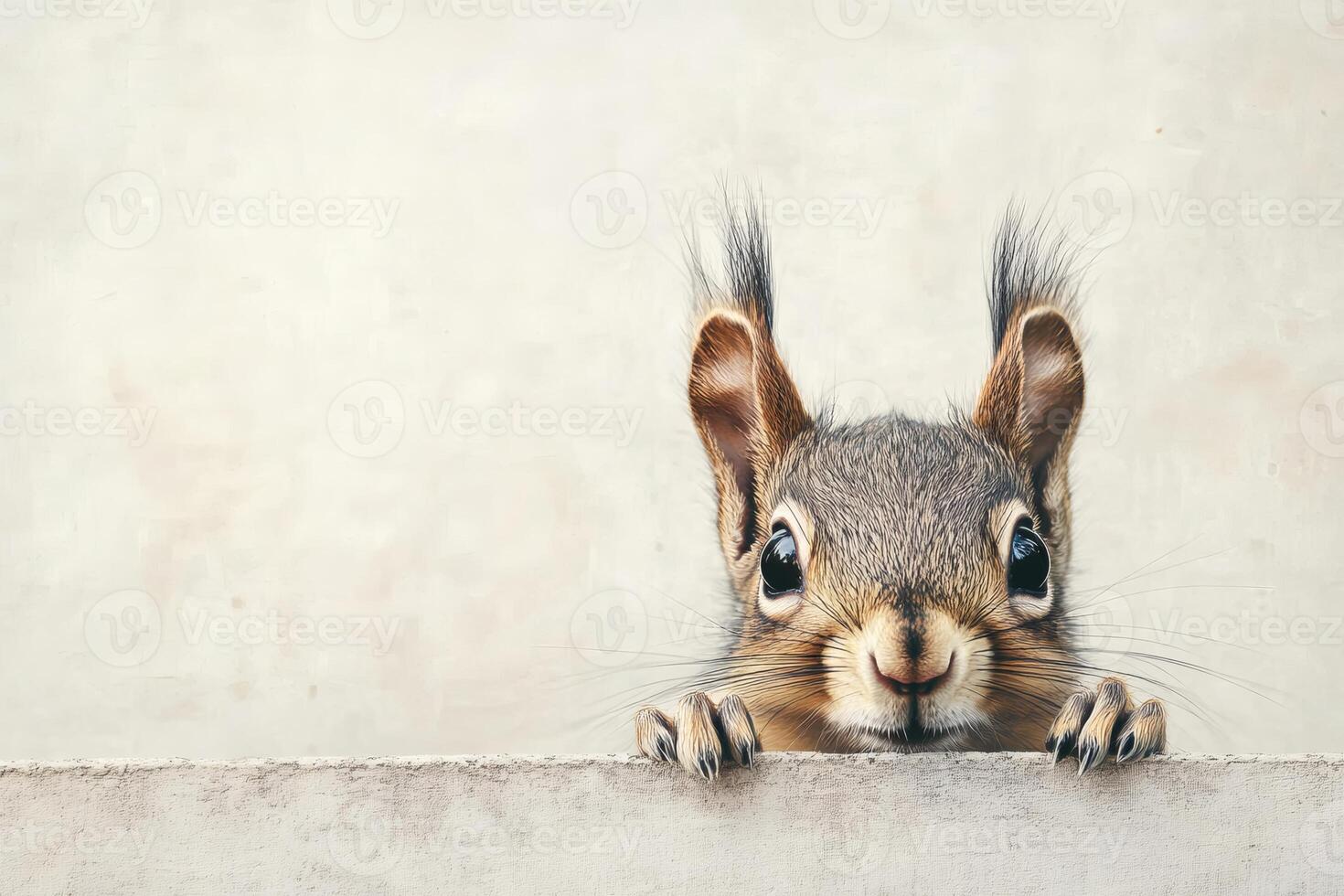Curious squirrel peeking over a low wall in daylight. photo